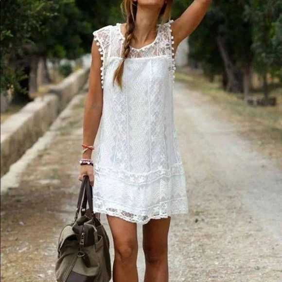 knee length dresses for ladies Polka Dot Tiered Dress with Pom-Pom lace And White Viscose Dobby Pom-P –  Vastra Home